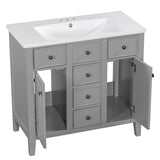 English Elm 36" Bathroom Vanity With Ceramic Basin, Two Cabinets and Five Drawers, Solid Wood Frame, Grey (Old Sku: Sy999202Aae)