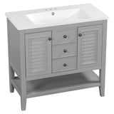 English Elm 36" Bathroom Vanity With Ceramic Basin, Two Cabinets and Drawers, Open Shelf, Solid Wood Frame, Grey (Old Sku: Sy999101Aae)