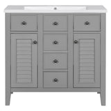 English Elm 36" Bathroom Vanity With Ceramic Basin, Two Cabinets and Five Drawers, Solid Wood Frame, Grey (Old Sku: Sy999202Aae)