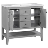 English Elm 36" Bathroom Vanity With Ceramic Basin, Two Cabinets and Drawers, Open Shelf, Solid Wood Frame, Grey (Old Sku: Sy999101Aae)