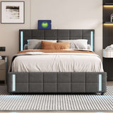 English Elm Queen Size Upholstered Platform Bed With Led Lights and Usb Charging, Storage Bed With 4 Drawers, Gray(Linen)