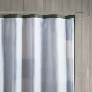 English Elm Pieced Woolrich Mill Creek Cotton Shower Curtain 72x72 — Plaid Patchwork Green Navy Taupe Cabin Style B035100720