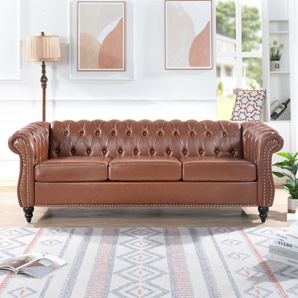 English Elm 84.65" Chesterfield Three Seater Sofa Pu Leather Tufted Rolled Arm Living Room Brown W68035343