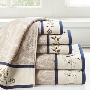 English Elm Embroidered Madison Park Serene Cotton Jacquard 6-Piece Towel Set - Navy Piping, OEKO-TEX Softness B03598776
