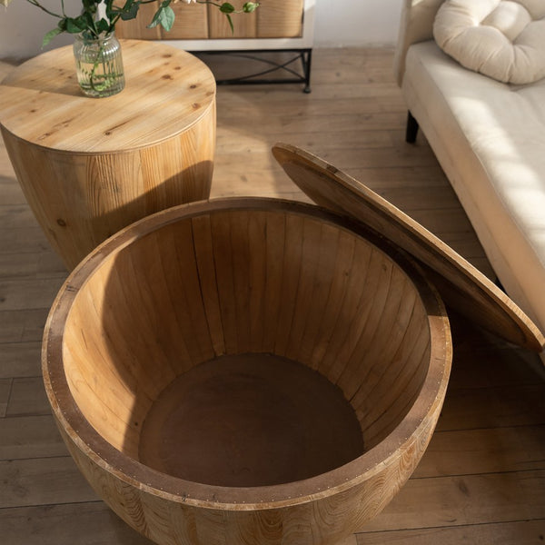 English Elm Vintage Bucket Shaped Coffee Table Set with Storage, Natural Fir Wood Retro Barrel Design, No Assembly Required W757S00013