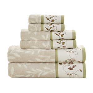 English Elm Embroidered Cotton Jacquard 6 Piece Towel Set — OEKO-TEX Certified, 550gsm Soft Absorbent Terry with Leaf Jacquard Embroidery Green 14.96 L x 10.24 W x 5.91 H B03598778