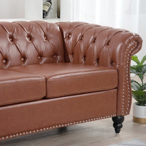 English Elm 84.65" Chesterfield Three Seater Sofa Pu Leather Tufted Rolled Arm Living Room Brown W68035343