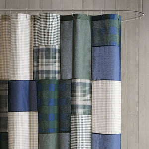 English Elm Pieced Woolrich Mill Creek Cotton Shower Curtain 72x72 — Plaid Patchwork Green Navy Taupe Cabin Style B035100720