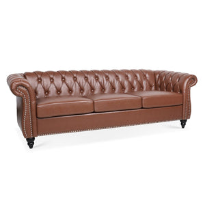 English Elm 84.65" Chesterfield Three Seater Sofa Pu Leather Tufted Rolled Arm Living Room Brown W68035343