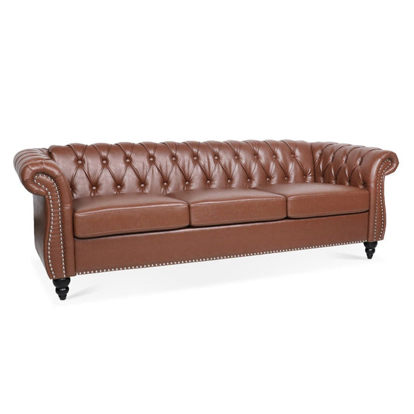 English Elm 84.65" Chesterfield Three Seater Sofa Pu Leather Tufted Rolled Arm Living Room Brown W68035343