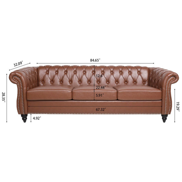 English Elm 84.65" Chesterfield Three Seater Sofa Pu Leather Tufted Rolled Arm Living Room Brown W68035343