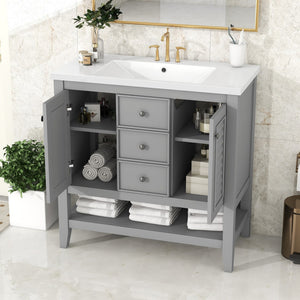 English Elm 36" Bathroom Vanity With Ceramic Basin, Two Cabinets and Drawers, Open Shelf, Solid Wood Frame, Grey (Old Sku: Sy999101Aae-1)