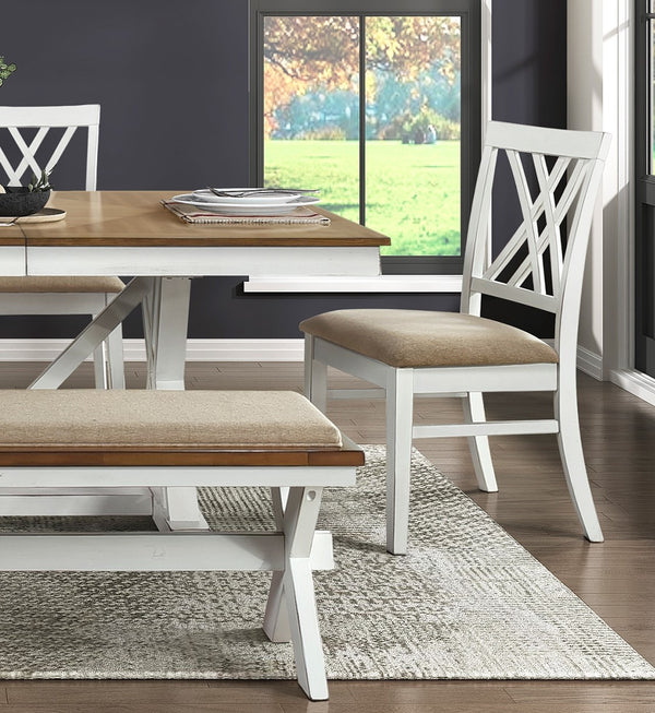 English Elm Modern 6-Piece Dining Set With White & Oak Finish, Extension Leaf, Bench & X-Back Chairs For Farmhouse Charm B011S00330