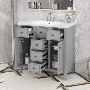 English Elm 36" Bathroom Vanity With Ceramic Basin, Two Cabinets and Five Drawers, Solid Wood Frame, Grey (Old Sku: Sy999202Aae)