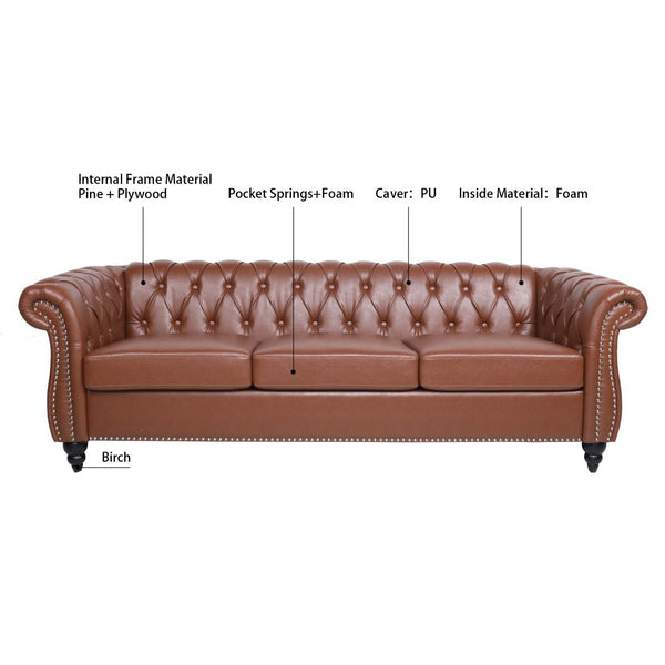 English Elm 84.65" Chesterfield Three Seater Sofa Pu Leather Tufted Rolled Arm Living Room Brown W68035343