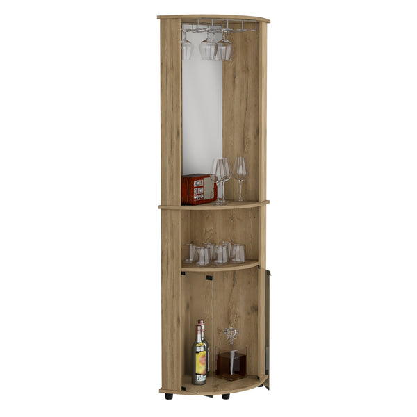 English Elm Chicago Mirrored Corner Bar Cabinet 75" H in Macadamia Walnut with Glass Doors, Mirror, Stemware Rack B070P214553