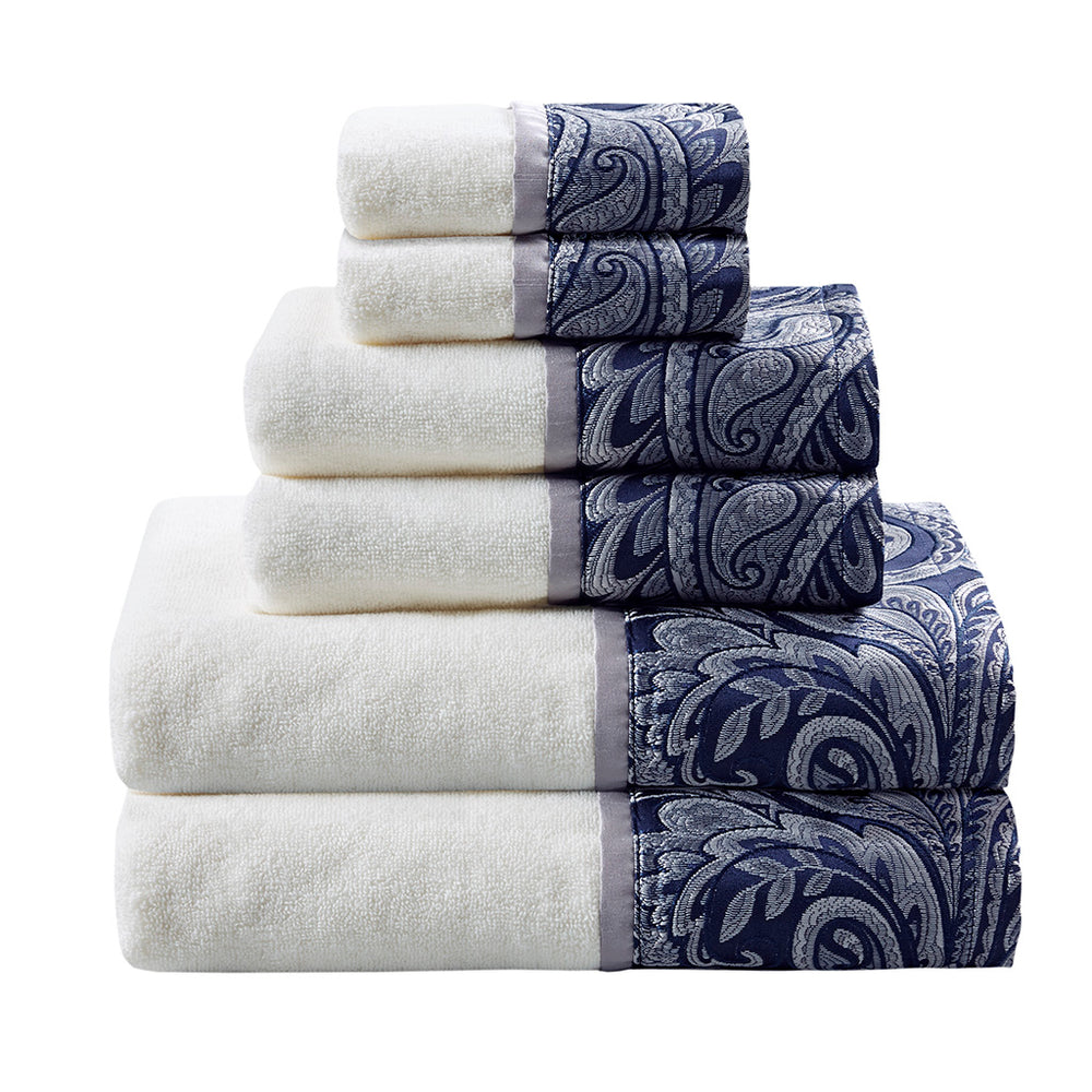English Elm 6 Madison Park Aubrey Jacquard Towel Set – 100% Cotton 550gsm, OEKO-TEX, Soft Navy & Grey Paisley Elegance B03598773