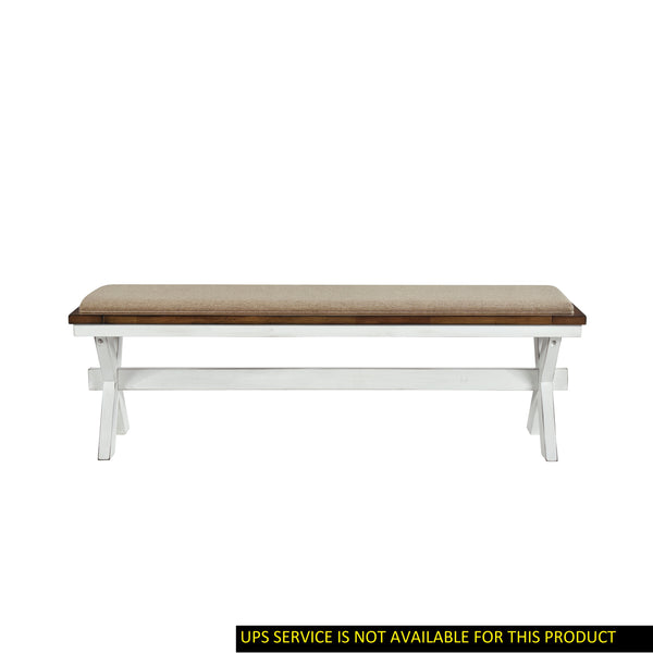 English Elm Modern Brunson Collection farmhouse bench with oak finish and neutral fabric seat for casual dining comfort White 63 L x 17.75 W x 6.75 H B011102649
