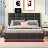 Jenkins Full Size Upholstered Button Tufted Platform Bed with LED Lights and USB Charger, Black