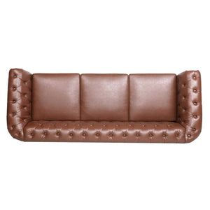 English Elm 84.65" Chesterfield Three Seater Sofa Pu Leather Tufted Rolled Arm Living Room Brown W68035343