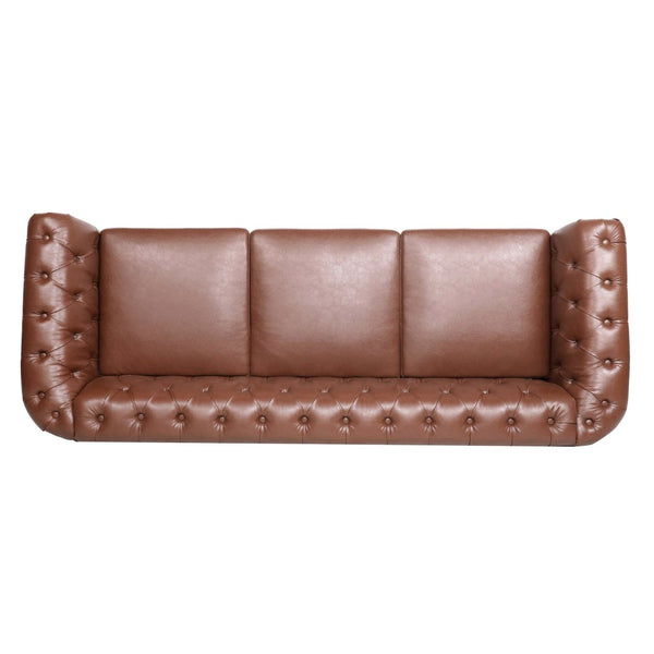 English Elm 84.65" Chesterfield Three Seater Sofa Pu Leather Tufted Rolled Arm Living Room Brown W68035343