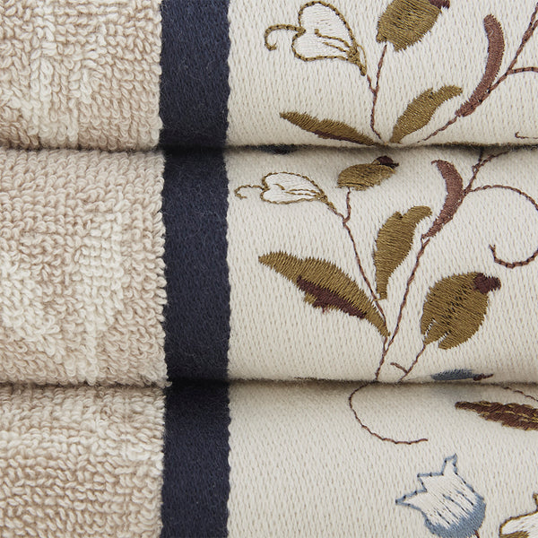 English Elm Embroidered Madison Park Serene Cotton Jacquard 6-Piece Towel Set - Navy Piping, OEKO-TEX Softness B03598776