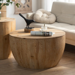 English Elm Vintage Bucket Shaped Coffee Table Set with Storage, Natural Fir Wood Retro Barrel Design, No Assembly Required W757S00013