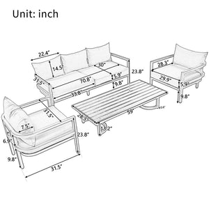 English Elm U_style 5 Seat Outdoor Sofa Set Powder Coated Steel Acacia Wood Table Garden Patio Light Gray WY000333AAE