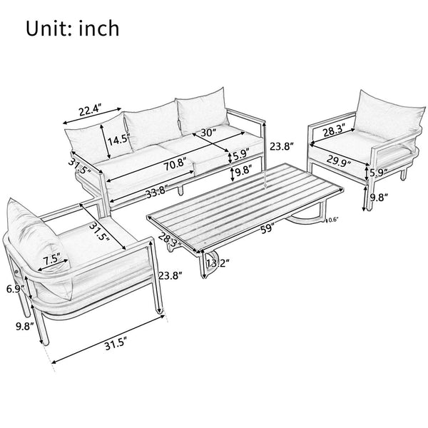 English Elm U_style 5 Seat Outdoor Sofa Set Powder Coated Steel Acacia Wood Table Garden Patio Light Gray WY000333AAE