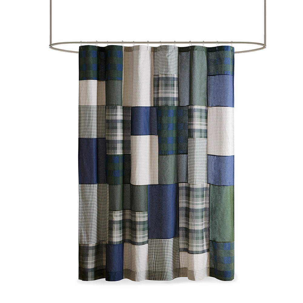 English Elm Pieced Woolrich Mill Creek Cotton Shower Curtain 72x72 — Plaid Patchwork Green Navy Taupe Cabin Style B035100720