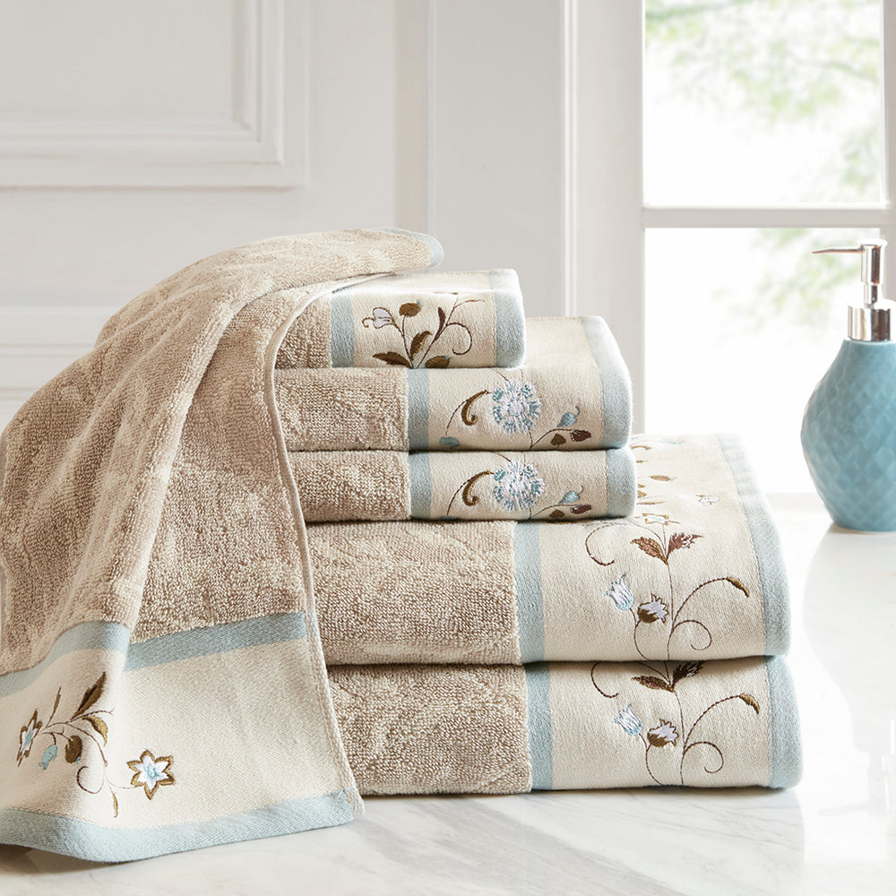 English Elm Embroidered Madison Park Serene Cotton Jacquard 6-Piece Towel Set, OEKO-TEX, Soft 550gsm Luxury B03598766