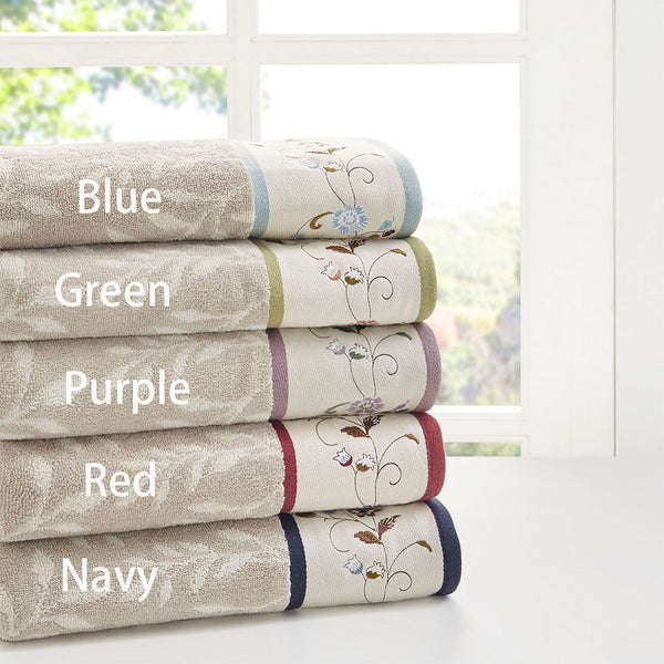 English Elm Embroidered Madison Park Serene Cotton Jacquard 6-Piece Towel Set - Navy Piping, OEKO-TEX Softness B03598776