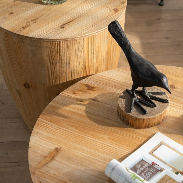 English Elm Vintage Bucket Shaped Coffee Table Set with Storage, Natural Fir Wood Retro Barrel Design, No Assembly Required W757S00013