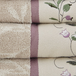 English Elm Embroidered Cotton Jacquard 6 Piece Towel Set — OEKO-TEX Certified, 550gsm Soft Absorbent Terry with Leaf Jacquard Embroidery Purple 14.96 L x 10.24 W x 5.91 H B03598777