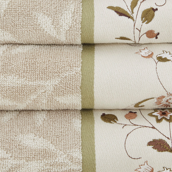 English Elm Embroidered Cotton Jacquard 6 Piece Towel Set — OEKO-TEX Certified, 550gsm Soft Absorbent Terry with Leaf Jacquard Embroidery Green 14.96 L x 10.24 W x 5.91 H B03598778