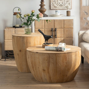 English Elm Vintage Bucket Shaped Coffee Table Set with Storage, Natural Fir Wood Retro Barrel Design, No Assembly Required W757S00013