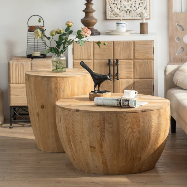 English Elm Vintage Bucket Shaped Coffee Table Set with Storage, Natural Fir Wood Retro Barrel Design, No Assembly Required W757S00013
