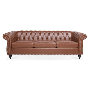 English Elm 84.65" Chesterfield Three Seater Sofa Pu Leather Tufted Rolled Arm Living Room Brown W68035343