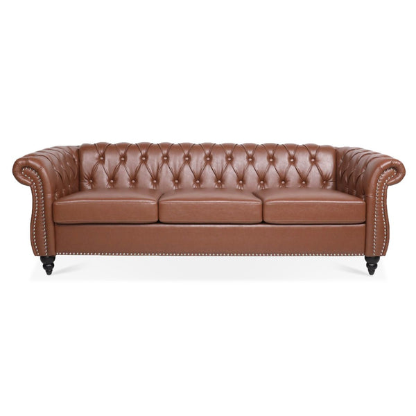 English Elm 84.65" Chesterfield Three Seater Sofa Pu Leather Tufted Rolled Arm Living Room Brown W68035343