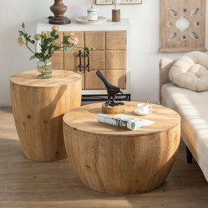 English Elm Vintage Bucket Shaped Coffee Table Set with Storage, Natural Fir Wood Retro Barrel Design, No Assembly Required W757S00013