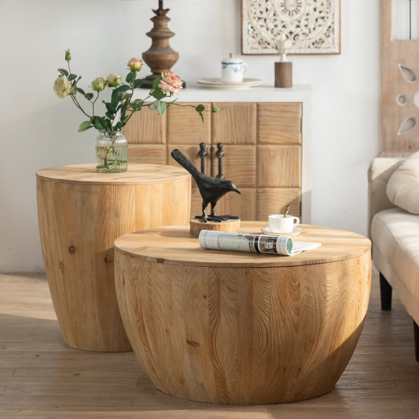 English Elm Vintage Bucket Shaped Coffee Table Set with Storage, Natural Fir Wood Retro Barrel Design, No Assembly Required W757S00013