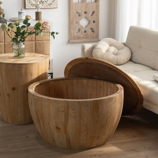 English Elm Vintage Bucket Shaped Coffee Table Set with Storage, Natural Fir Wood Retro Barrel Design, No Assembly Required W757S00013
