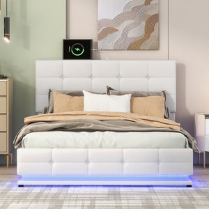 English Elm Full Size Tufted Upholstered Platform Bed With Hydraulic Storage System,Pu Storage Bed With Led Lights and Usb Charger, White(Expected Arrival Time: 5.15,At)