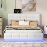 Jenkins Full Size Upholstered Button Tufted Platform Bed with LED Lights and USB Charger, White