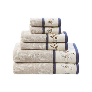 English Elm Embroidered Madison Park Serene Cotton Jacquard 6-Piece Towel Set - Navy Piping, OEKO-TEX Softness B03598776
