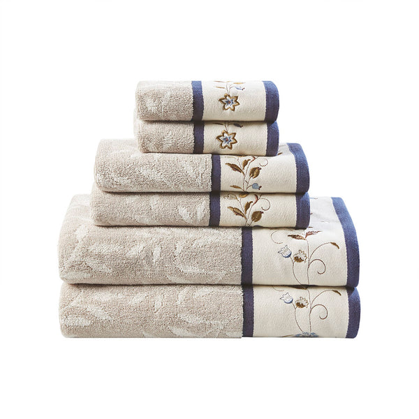 English Elm Embroidered Madison Park Serene Cotton Jacquard 6-Piece Towel Set - Navy Piping, OEKO-TEX Softness B03598776