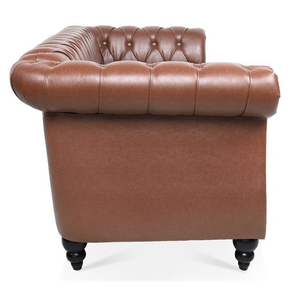 English Elm 84.65" Chesterfield Three Seater Sofa Pu Leather Tufted Rolled Arm Living Room Brown W68035343