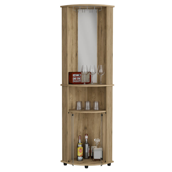 English Elm Chicago Mirrored Corner Bar Cabinet 75" H in Macadamia Walnut with Glass Doors, Mirror, Stemware Rack B070P214553