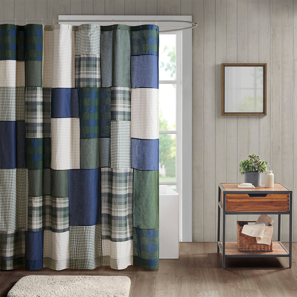English Elm Pieced Woolrich Mill Creek Cotton Shower Curtain 72x72 — Plaid Patchwork Green Navy Taupe Cabin Style B035100720