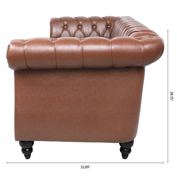 English Elm 84.65" Chesterfield Three Seater Sofa Pu Leather Tufted Rolled Arm Living Room Brown W68035343